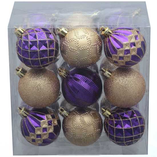 Picture of Holiday Time Christmas Tree 18 Pack Purple Gold Round Ornaments