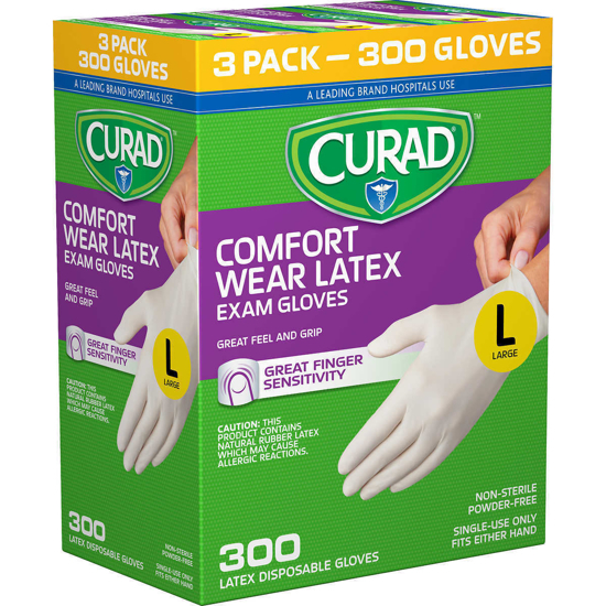 Picture of Curad Comfort Wear Latex Exam Gloves Large 300 ct
