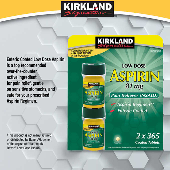Picture of Kirkland Signature LOW Dose Aspirin 81mg 365 Enteric Coated Tablets for Pain Reliever