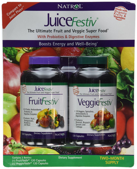 Picture of Natrol Juice Festiv the Ultimate Fruit and Veggie Super Food with Probiotics & Digestive Enzymes: 2 Bottles of 120 Capsules - Sms20