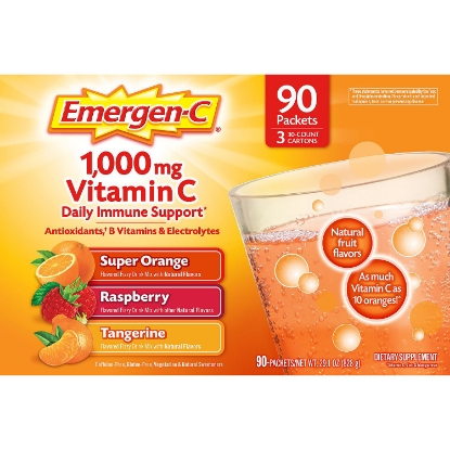 Picture of Emergen-C Variety Pack Dietary Supplement Drink Mix with 1000 mg Vitamin C 3 Flavors 90 ct 32 oz. pks