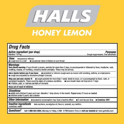 Picture of Halls Sugar Free Cough Drops Honey Lemon 180 ct