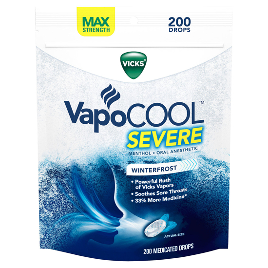 Picture of Vicks VapoCOOL SEVERE Medicated Drops Maximum-Strength Relief to Soothe Sore Throat Pain 200 ct