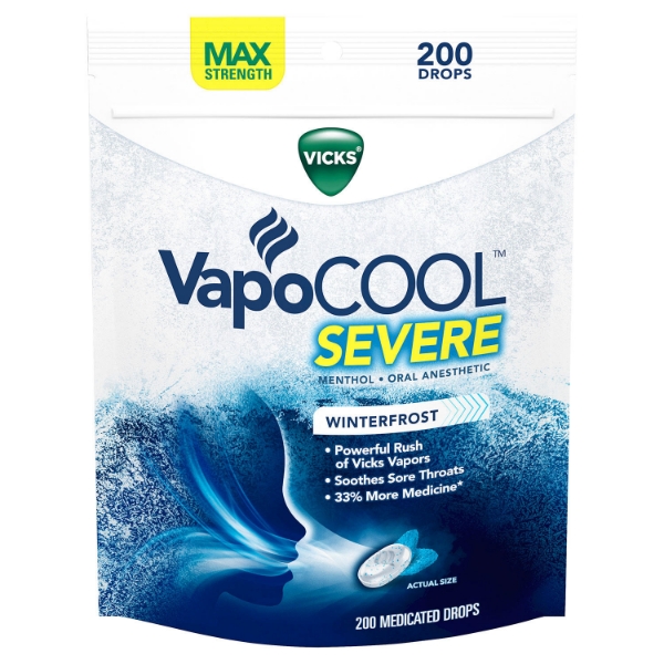 Picture of Vicks VapoCOOL SEVERE Medicated Drops Maximum-Strength Relief to Soothe Sore Throat Pain 200 ct