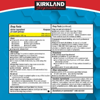 Picture of Kirkland Signature Rapid Release Acetaminophen 500 mg 400 Gelcaps