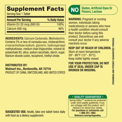 Picture of Spring Valley Calcium 600 mg plus Vitamin D3 20 mcg Coated Tablets 250 Count