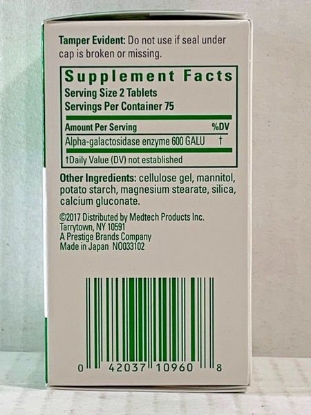 Picture of Prestige Beano Food Enzyme Dietary Supplement gas relief Tablets 150 ct