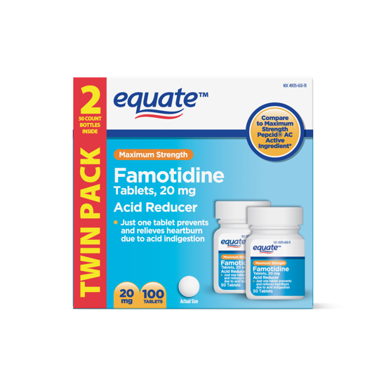Picture of Equate Maximum Strength Famotidine Tablets 20 mg Acid Reducer for Heartburn Relief 100 Count
