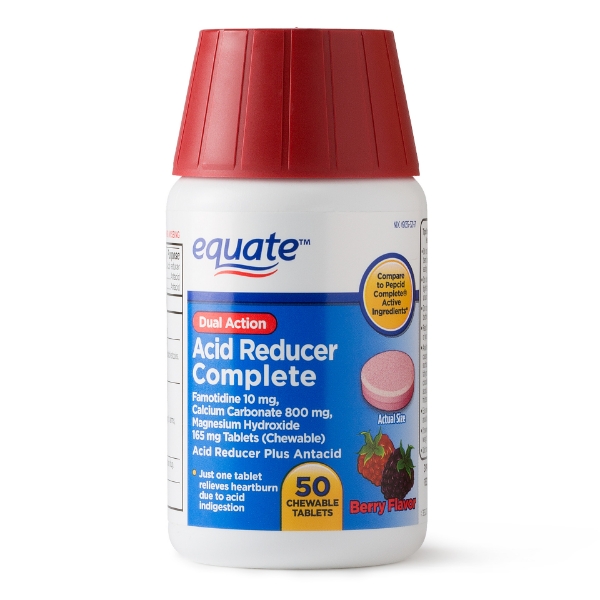 Picture of Equate Dual Action Acid Reducer Complete Famotidine 10 mg Calcium Carbonate 800 mg Magnesium Hydroxide 165 mg Chewable Tablets Berry Flavor 50 Count