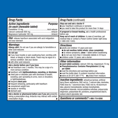 Picture of Equate Famotidine 10 mg Calcium Carbonate 800 mg Magnesium Hydroxide 165 mg Tablets Chewable Acid Reducer  Antacid Berry Flavor