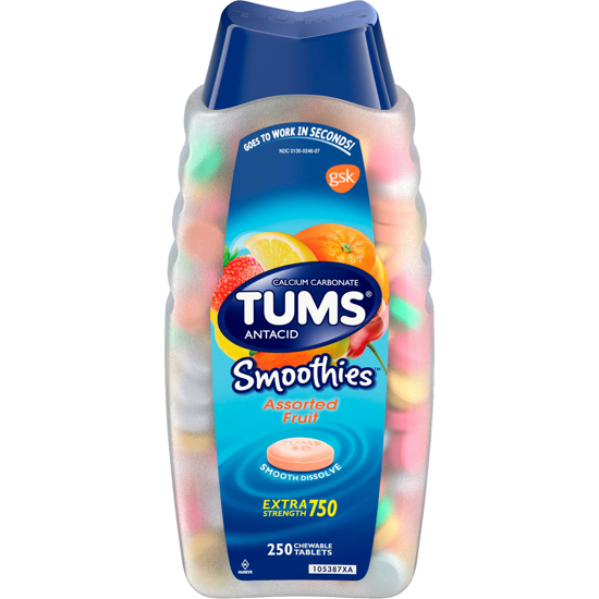 Picture of TUMS Smoothies Assorted Fruit Antacid Chewable Tablets for Heartburn Relief 250 ct