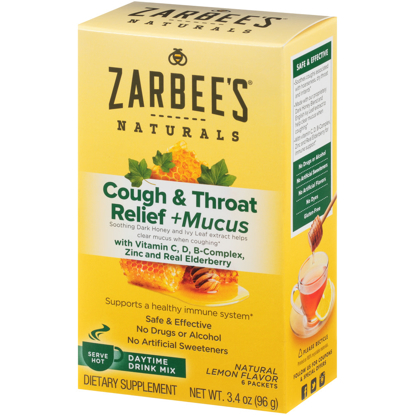 Picture of Zarbee's Naturals Cough & Throat Relief + Mucus Daytime Drink Mix with Dark Honey Vitamin C D B-Complex Zinc and Real Elderberry Natural Lemon Flavor