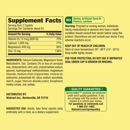 Picture of Spring Valley Calcium Magnesium & Zinc plus Vitamin D3 Coated Caplets 250 Count