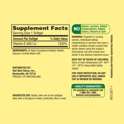 Picture of Spring Valley Vitamin E Supplement 400IU 100 Softgel Capsules
