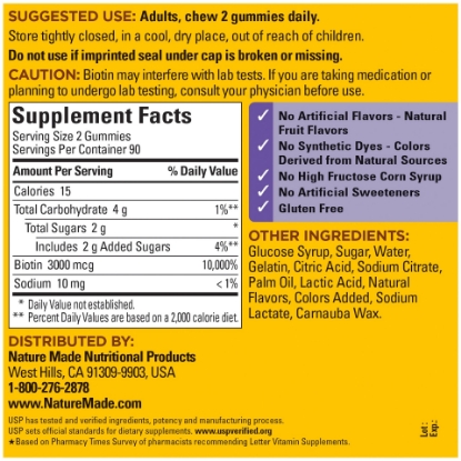 Nature Made Biotin 3000 mcg Gummies 180 Count Everyday Value for Supporting Healthy Hair Skin and Nails