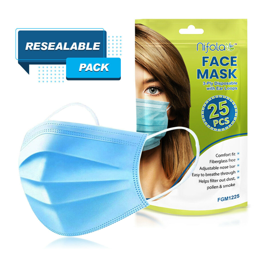 25 Unit Earloop Face Masks Soft & Comfortable 3 Ply Non-Woven Fabric Disposable Safety Cover Guard against Air Pollution Unseen Airborne Substances Pollen Smoke etc with Resealable Bag By Nifola
