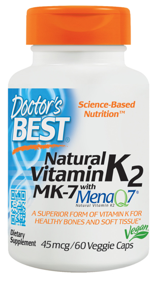 Doctor's Best Natural Vitamin K2 MK 7 with MenaQ7 Non-GMO Vegan Gluten Free Soy Free 45 mcg 60 Veggie Caps
