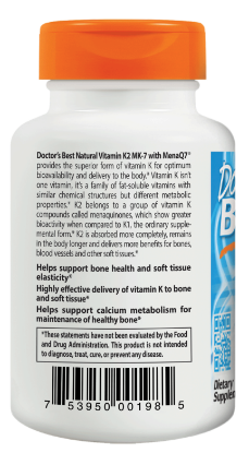 Doctor's Best Natural Vitamin K2 MK 7 with MenaQ7 Non-GMO Vegan Gluten Free Soy Free 45 mcg 60 Veggie Caps