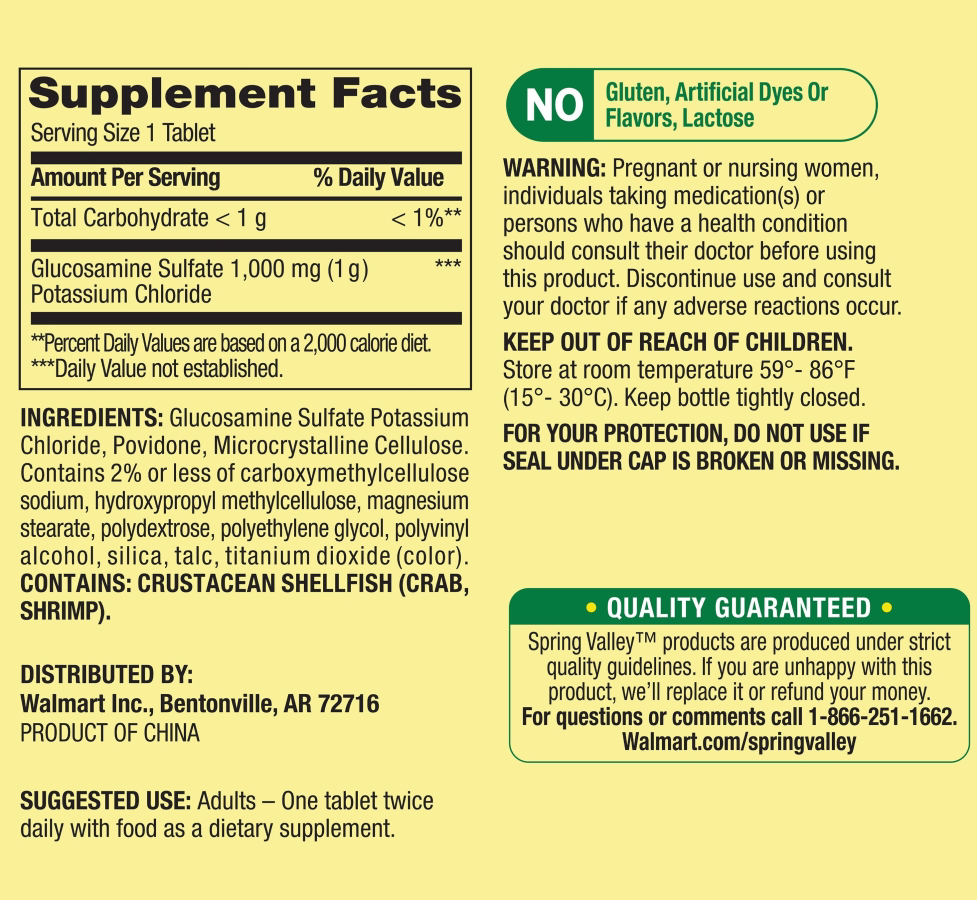 Spring Valley Glucosamine Sulfate Potassium Chloride Tablets 1000 mg 120 Count