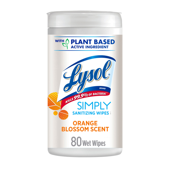 Lysol Simply Sanitizing Wipes 80 ct Orange Blossom Scent No Harsh Chemical Residue Plant-Based Active Ingredient Kills 99.9% of Bacteria Sanitizing Wipes