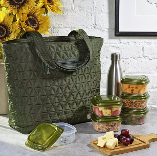 Quilted Luxe Insulated Laptop Bag with Zipper Front Pocket and Food Containers Assorted Colors