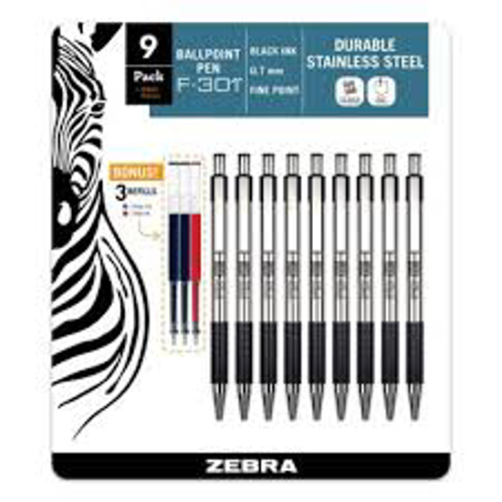 Zebra F 301 Ballpoint Retractable Pen Black Ink Fine 9 Pens