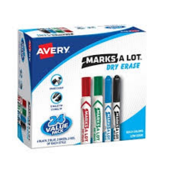 Avery MARKS A LOT Pen Style Dry Erase Marker Value Pack Medium Chisel Tip Assorted Colors 24 Set
