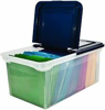 Innovative Storage Designs Plastic File Tote Storage Box with Lid Clear Navy Letter