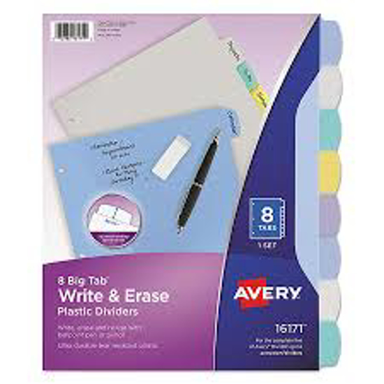 Avery Write and Erase Big Tab Durable Plastic Dividers 3 Hold Punched 8 Tab 11 x 8.5 Assorted 1 Set