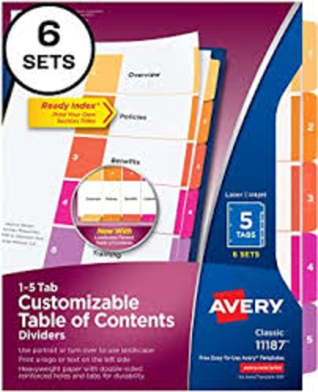 Avery Customizable TOC Ready Index Multicolor Dividers 5 Tab Letter 6 Sets