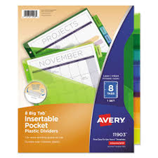 Avery Insertable Big Tab Plastic 1 Pocket Dividers 8 Tab 11.13 x 9.25 Assorted 1 Set