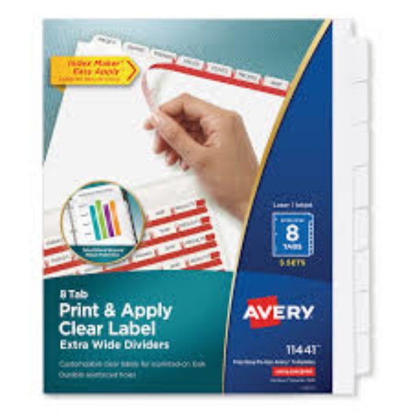 Avery Print and Apply Index Maker Clear Label Dividers 8 White Tabs Letter 5 Sets