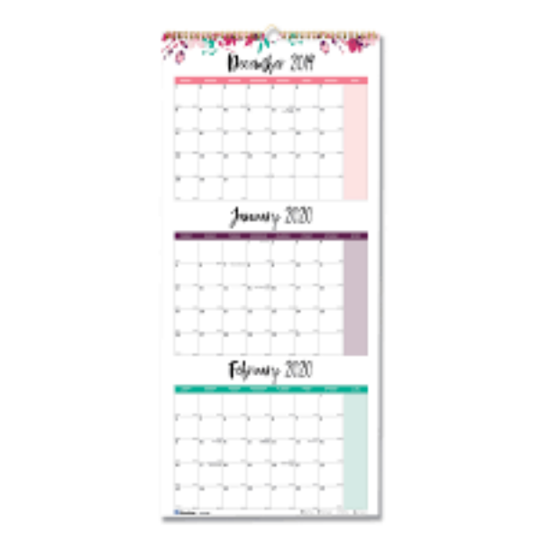 Blueline 3 Month Wall Calendar 12.25 x 27 Floral 2021