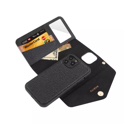 HABITU iPhone 12 Pro Max Selene Crossbody Wallet Case Black Vegan Leather Wallet Crossbody Bag with Mirror Card Slots & 2 in 1 Removable Magnetic Case