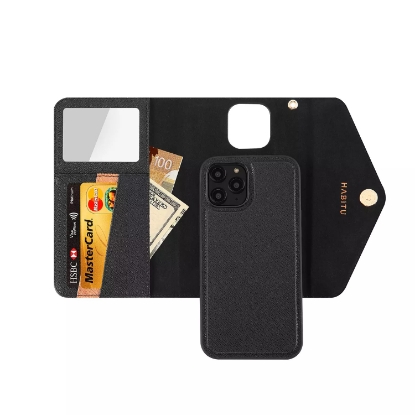HABITU iPhone 12 Pro Max Selene Crossbody Wallet Case Black Vegan Leather Wallet Crossbody Bag with Mirror Card Slots & 2 in 1 Removable Magnetic Case