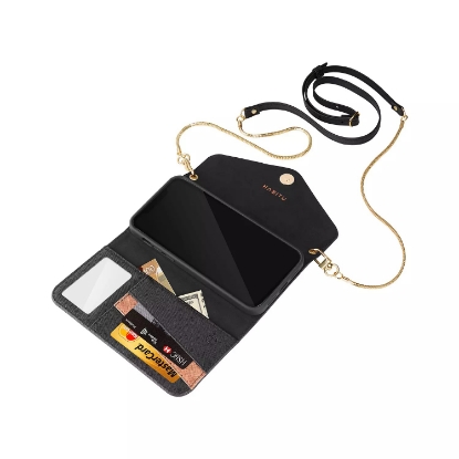 HABITU iPhone 12 Pro Max Selene Crossbody Wallet Case Black Vegan Leather Wallet Crossbody Bag with Mirror Card Slots & 2 in 1 Removable Magnetic Case