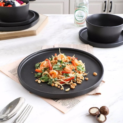 Stone Lain 24 Piece Modern Ledge Stoneware Dinnerware Set Black Matte