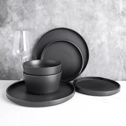 Stone Lain 24 Piece Modern Ledge Stoneware Dinnerware Set Black Matte