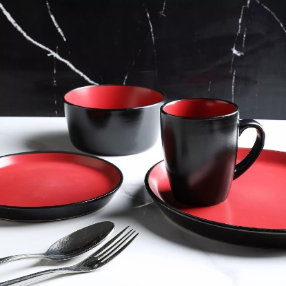 Stone Lain Two Tone Modern 32 Piece Stoneware Dinnerware Set Service for 8 Red and Black