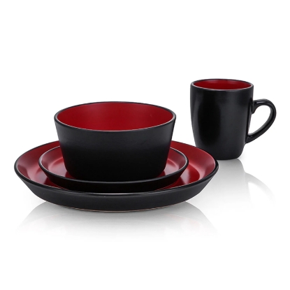 Stone Lain Two Tone Modern 32 Piece Stoneware Dinnerware Set Service for 8 Red and Black