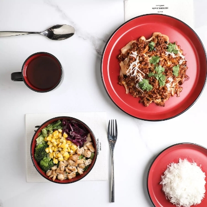 Stone Lain Two Tone Modern 32 Piece Stoneware Dinnerware Set Service for 8 Red and Black