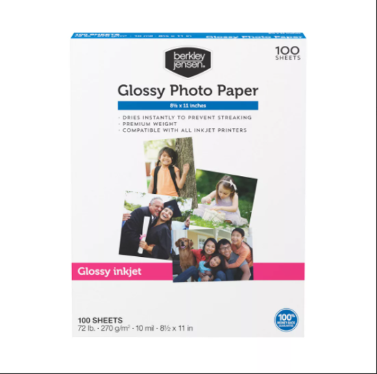 Berkley Jensen Premium 8 1/2 x 11 Glossy Inkjet Photo Paper 100 ct Alpine White