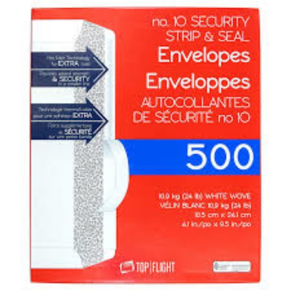 Top Flight 10 Security Strip & Seal Envelopes 24lb 4 1/8"x9 1/2" 500 count