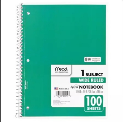 Mead Spiral Bound Notebook Wide Margin Rule 8" x 10 1/2" White1 Subject 70 Sheets Pad