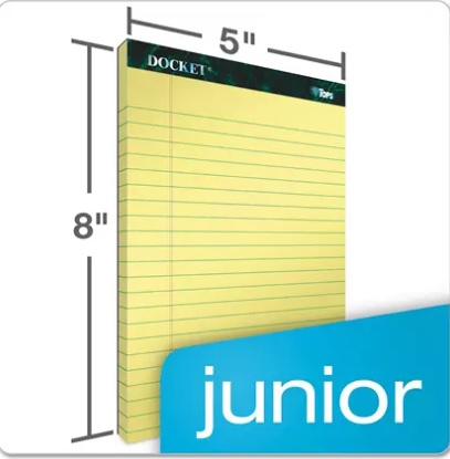 TOPS Docket Ruled Perforated Pad Jr. Legal Ruling 5 x 8 Canary 12 50 Sheet Pads Pack