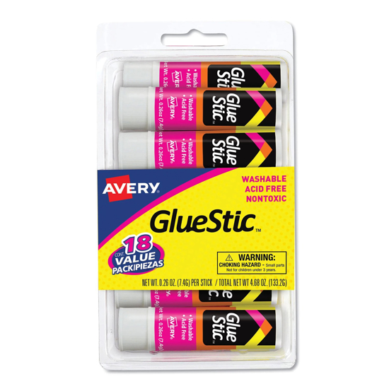 Avery Permanent Glue Stic Value Pack 0.26 oz Applies White Dries Clear 18 Pack
