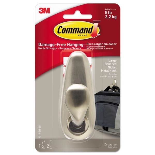 Command Hook Large Capacity Brushed Nickel Finish 1 Hook & 2 Strips