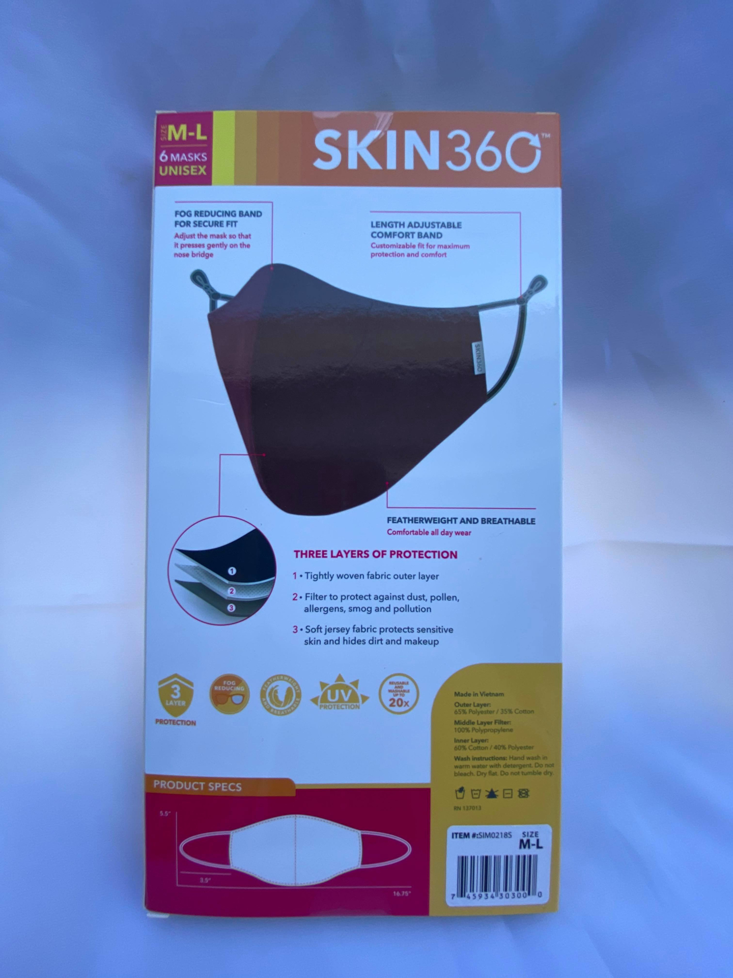 SKIN360 Premium Reusable Cloth Face Mask 6 pk