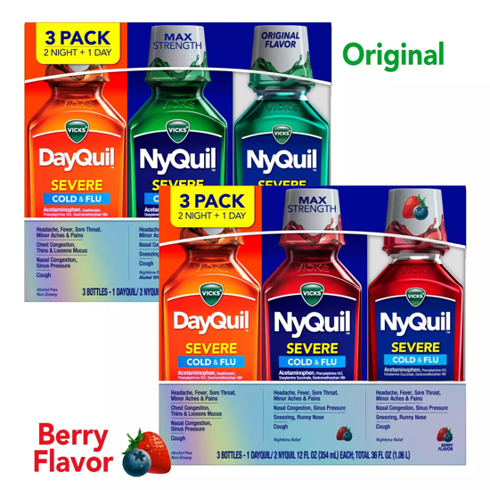 Vicks DayQuil and NyQuil SEVERE Cold & Flu Relief Liquid Choose a Flavor 12 fl oz 3 pk