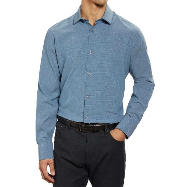 Kirkland Signature Men’s Performance Sport Shirt, Dark Blue/Gray Check